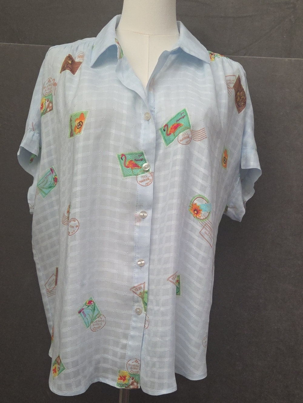 Jane and Delancey Lg Light Blue Short-Sleeve Button-Up with Travel Stamp Print